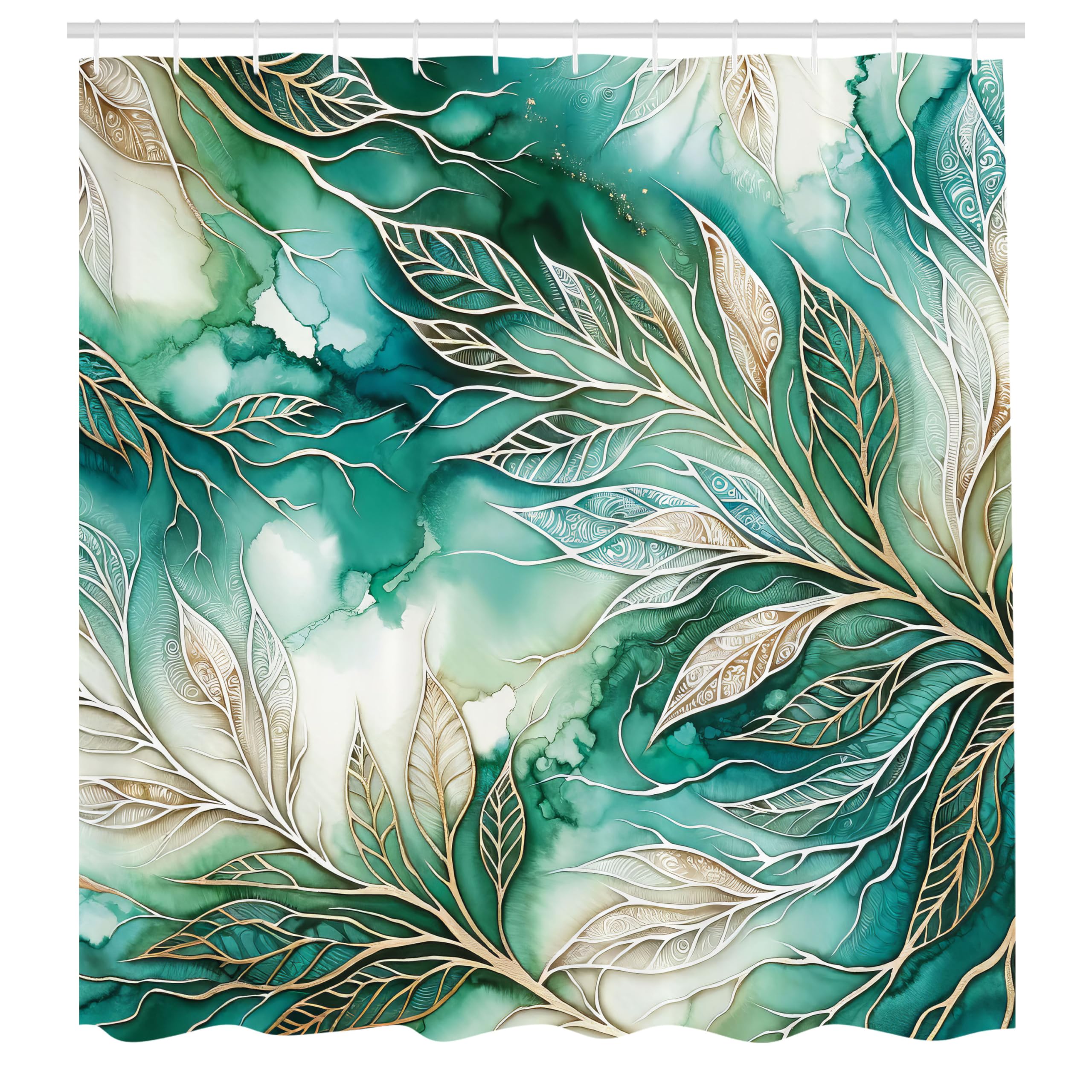 Ambesonne Teal Shower Curtain, Greenery Marble Print Look Atmosphere With Gold Yellow Tone Leafy Lines, Cloth Fabric Bathroom De